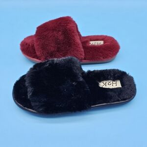KIDS(9-3)H2K Plush Fuzzy Slide Slippers - Black & Wine